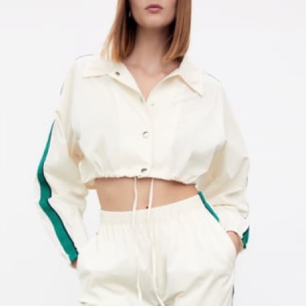 Zara Cream Cropped Jacket with Green Stripes